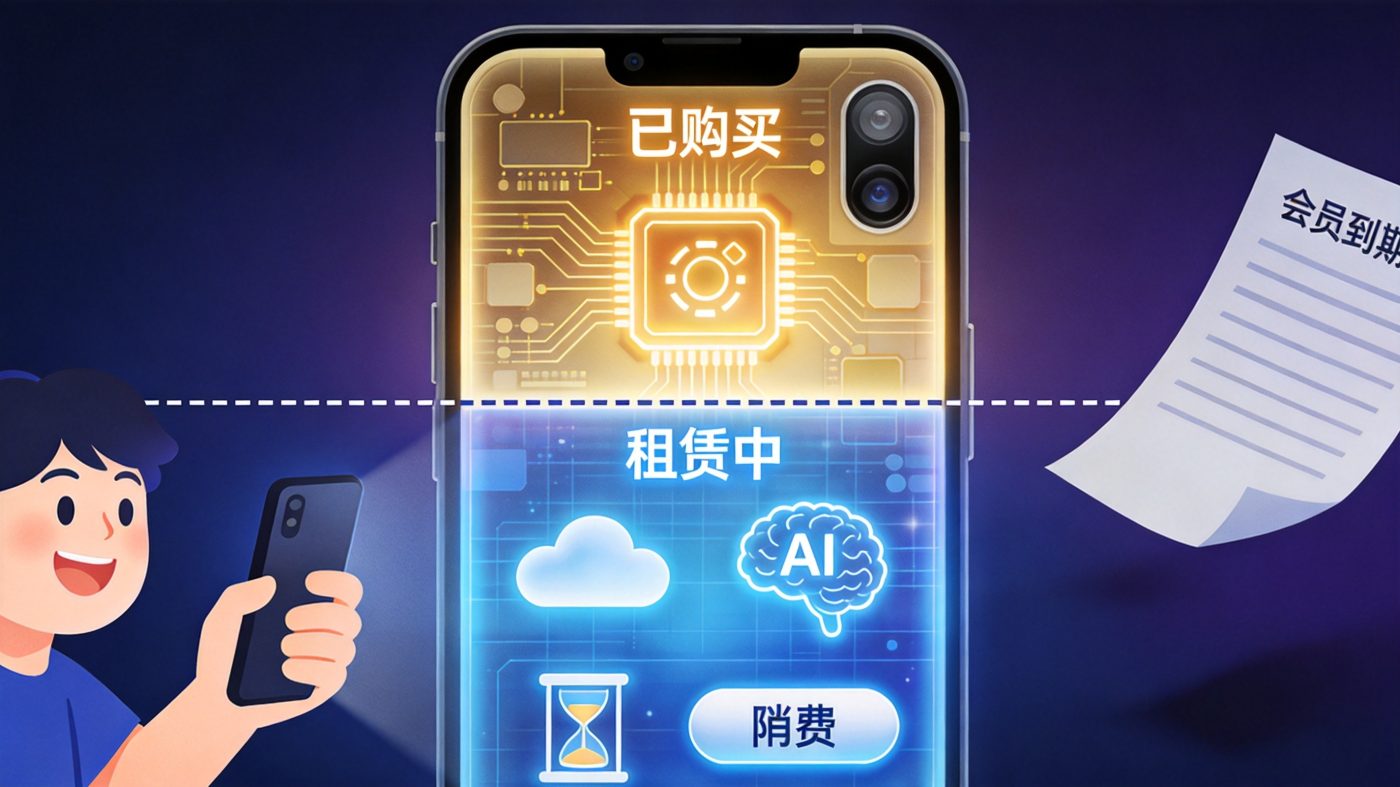 手机上半部分标记'已购买'散发金光，下半部分标记'租赁中'散发冷蓝光并带倒计时